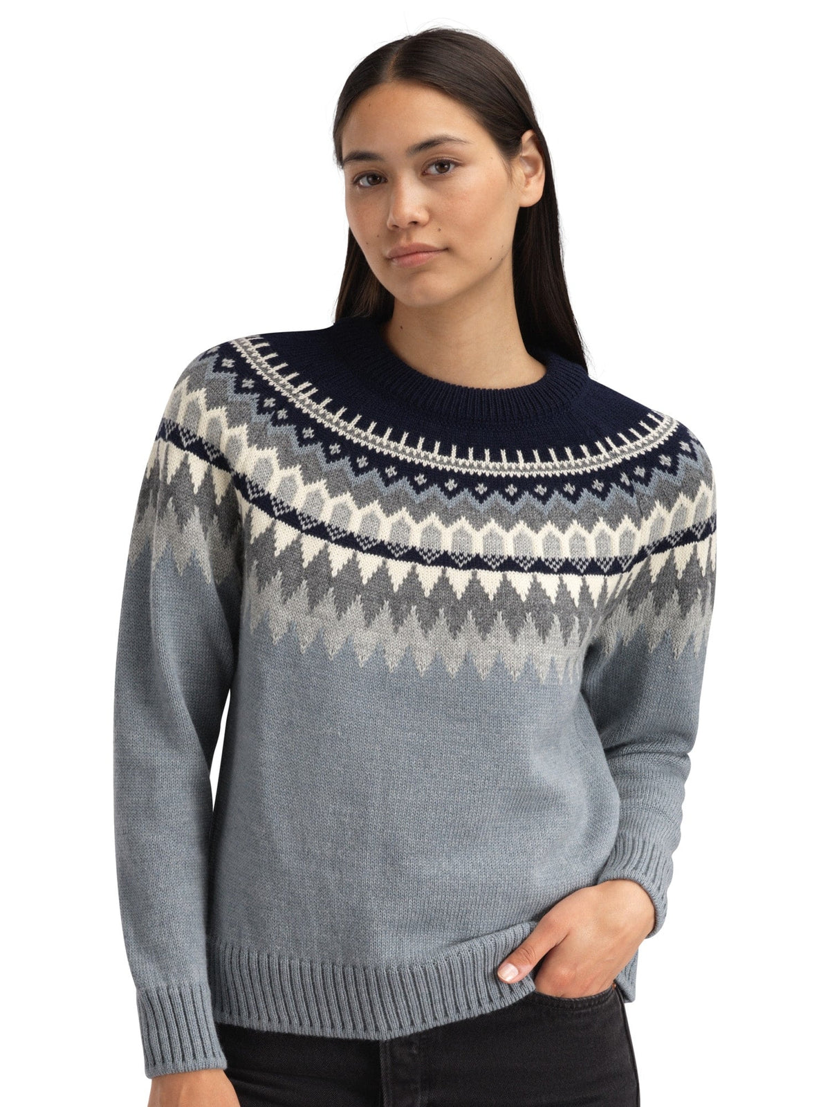 Losna Women's Sweater Mid Blue Melange Light Charcoal Off White