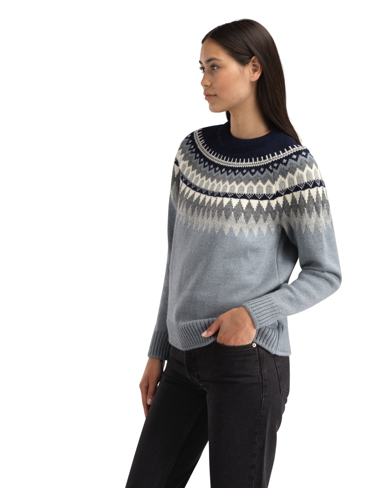 Losna Women's Sweater Mid Blue Melange Light Charcoal Off White